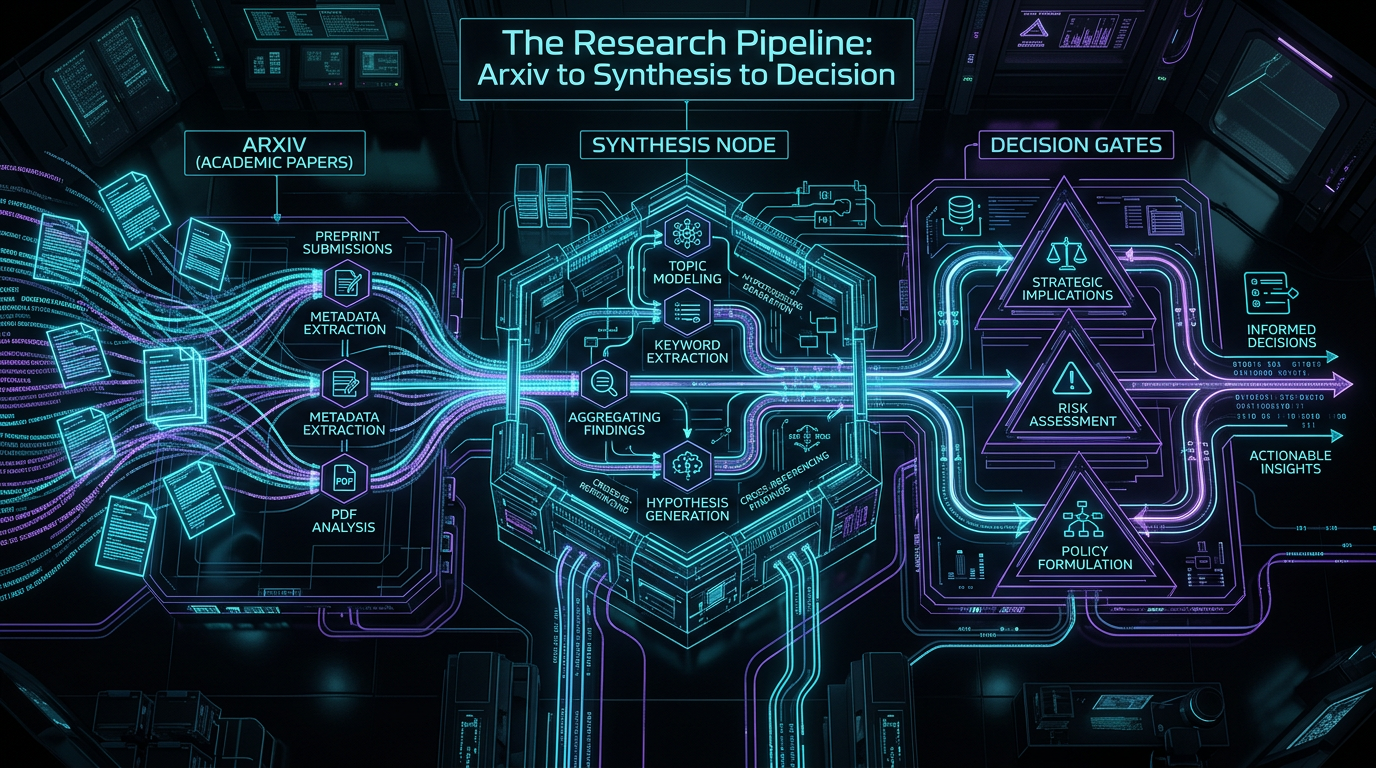 Research pipeline visualization with neon cyan and violet circuit pathways