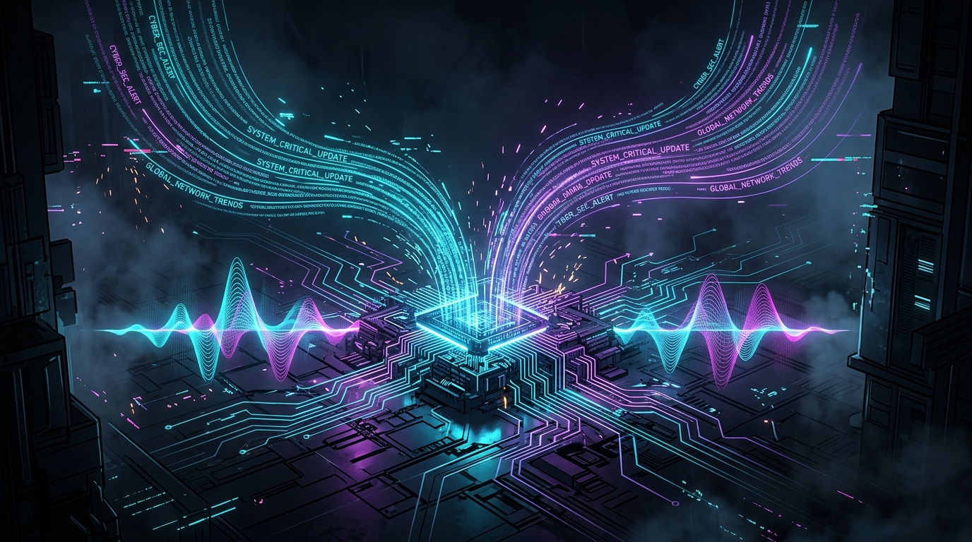 Cyberpunk goth styled RSS monitoring early warning system with neon cyan and violet feeds