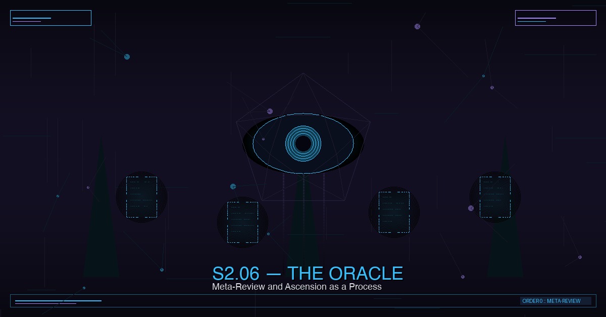 The Oracle reviewing documents through a glowing cybernetic eye, gothic arches, circuit traces, neon cyan and violet