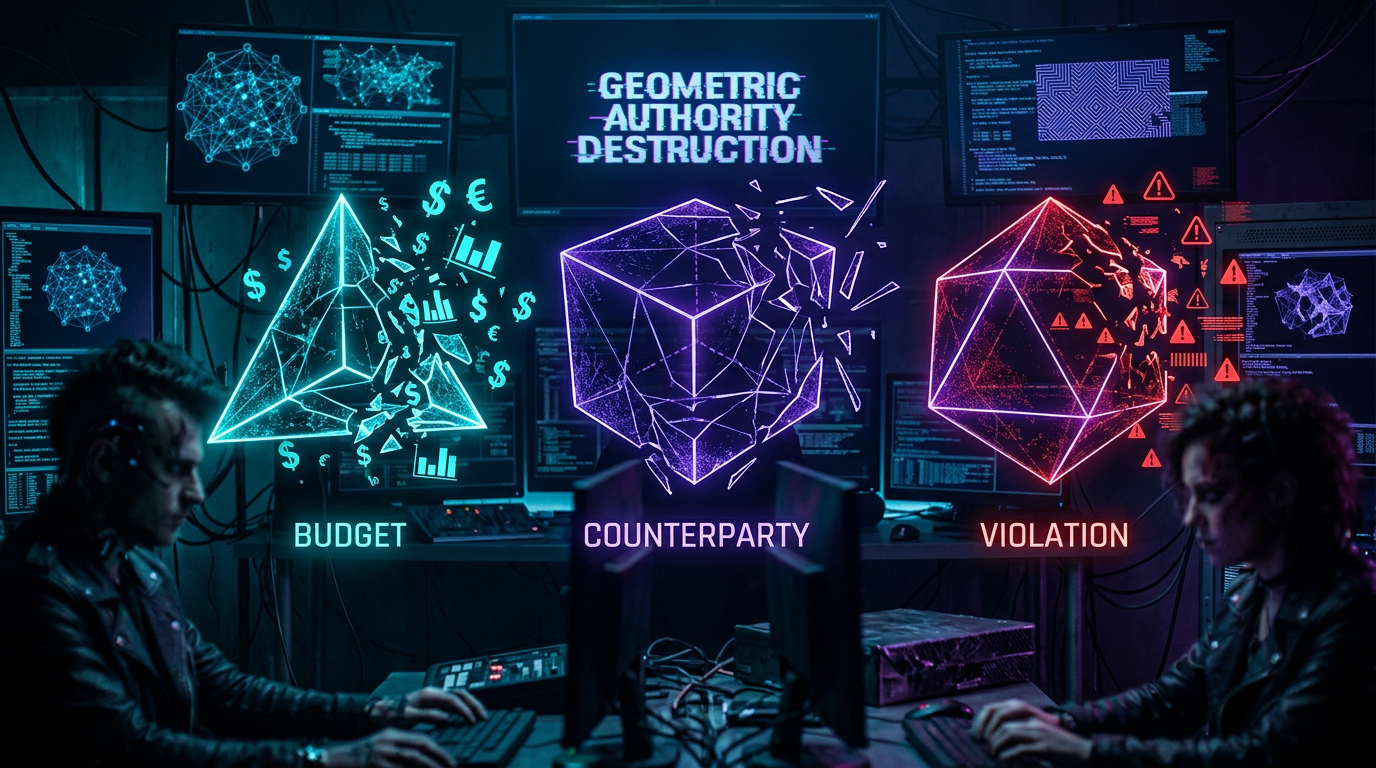 Cypherpunk goth illustration of fractured Platonic solid geometries representing kill semantics in agent governance