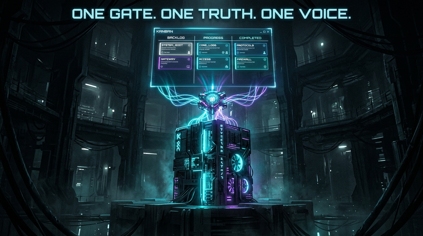 Cyberpunk goth digital artwork: monolithic server tower with kanban board and orchestrator node, neon cyan and violet