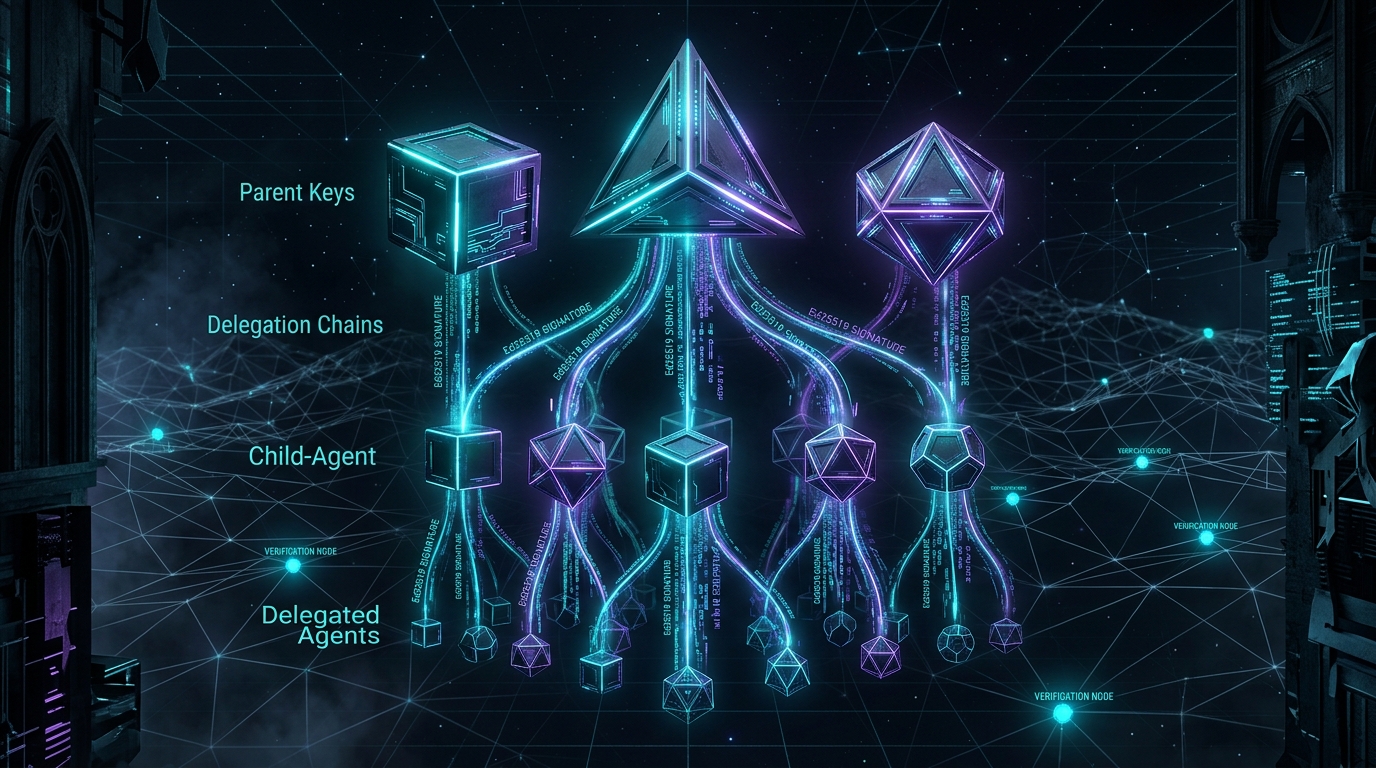 Child-agent key tiers: ed25519 signing for delegation — cypherpunk goth cryptographic delegation visualization