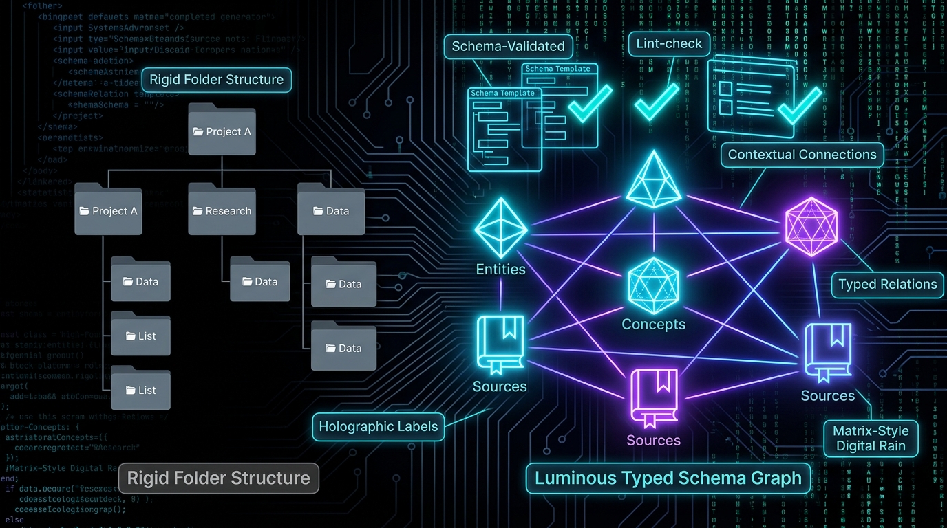 Cypherpunk goth knowledge-schema graph contrasting folder trees against a luminous entity-concept-source graph