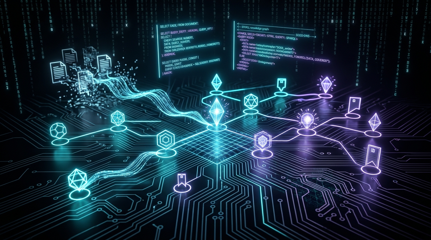 Knowledge graph with flowing query streams replacing static indexes — cypherpunk goth aesthetic