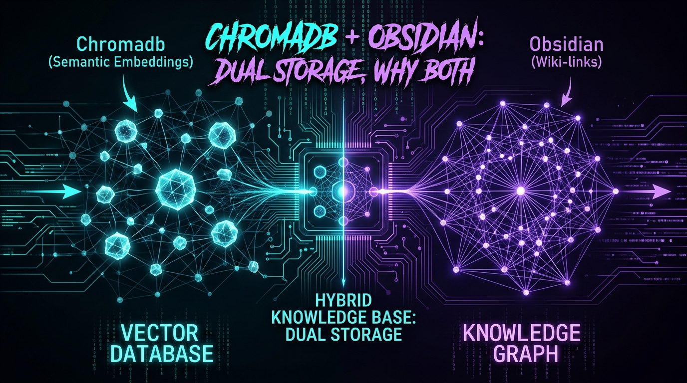 Dual storage architecture: ChromaDB vector embeddings alongside Obsidian knowledge graph in cypherpunk goth aesthetic