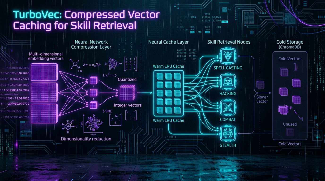 TurboVec compressed vector caching architecture — cypherpunk goth style with neon cyan and violet