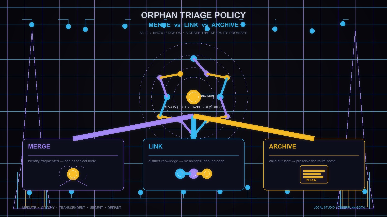 Cypherpunk-goth knowledge graph showing a central decision node branching into Merge, Link, and Archive zones