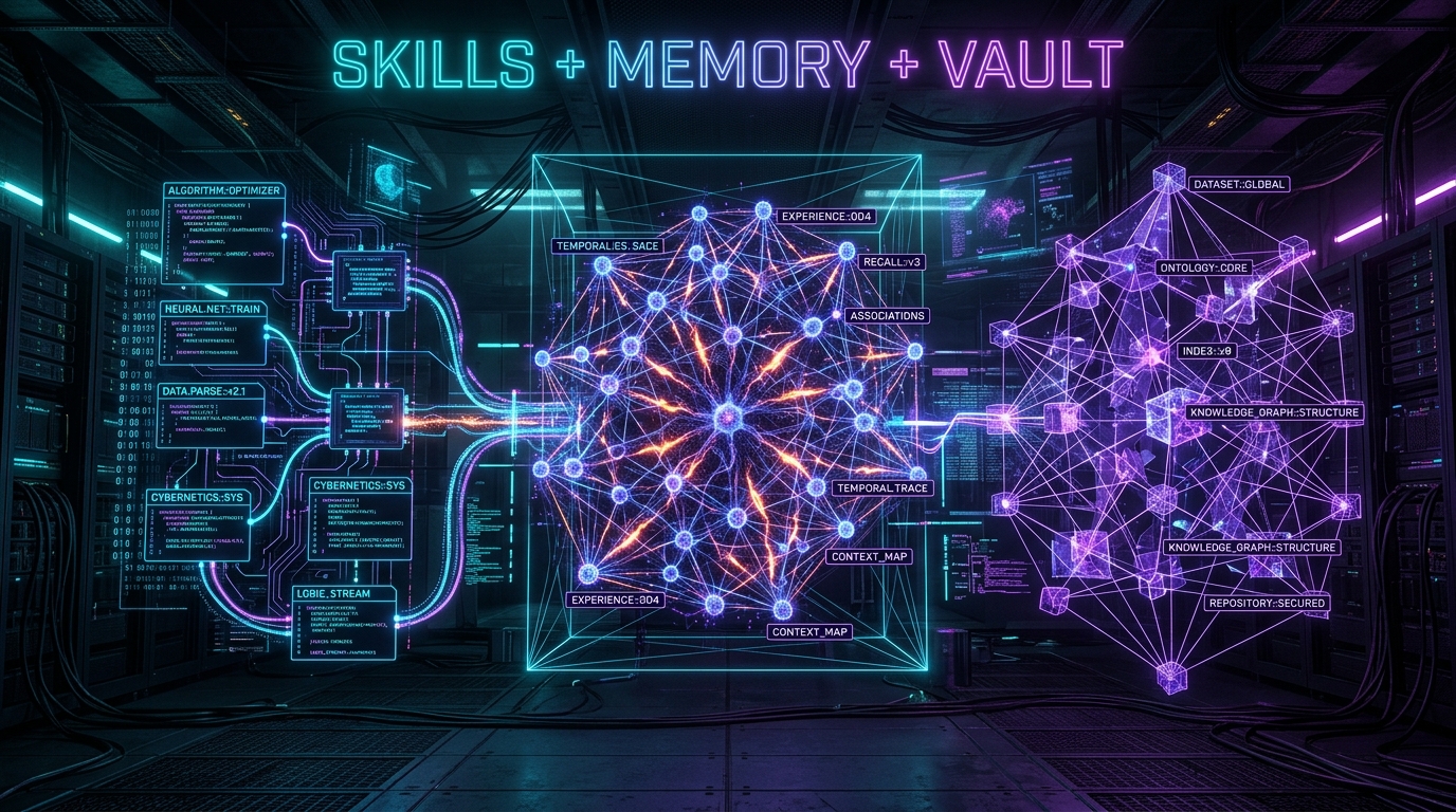 Three-layer knowledge stack: skills, memory, and vault architecture visualization in cyberpunk goth style