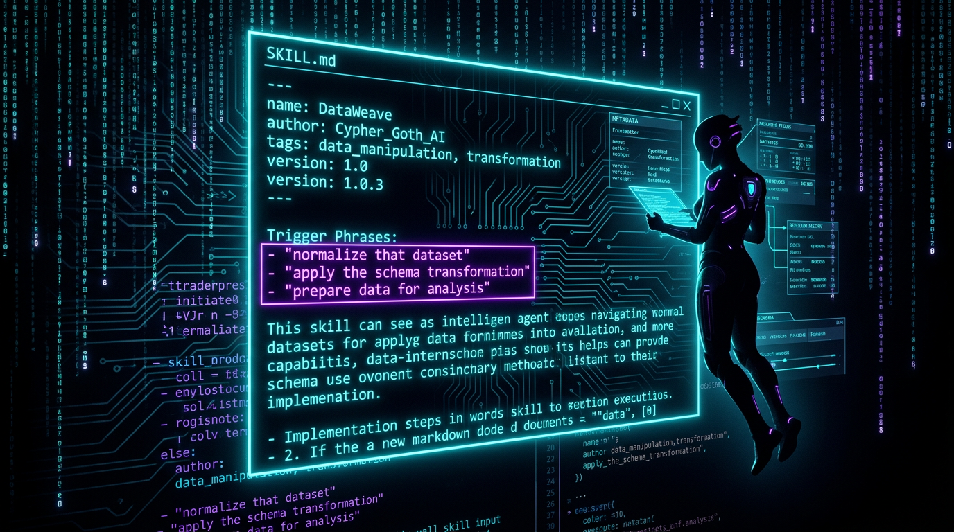 Cypherpunk goth styled featured image for Skill Authoring article showing YAML frontmatter and trigger phrases in neon cyan and violet