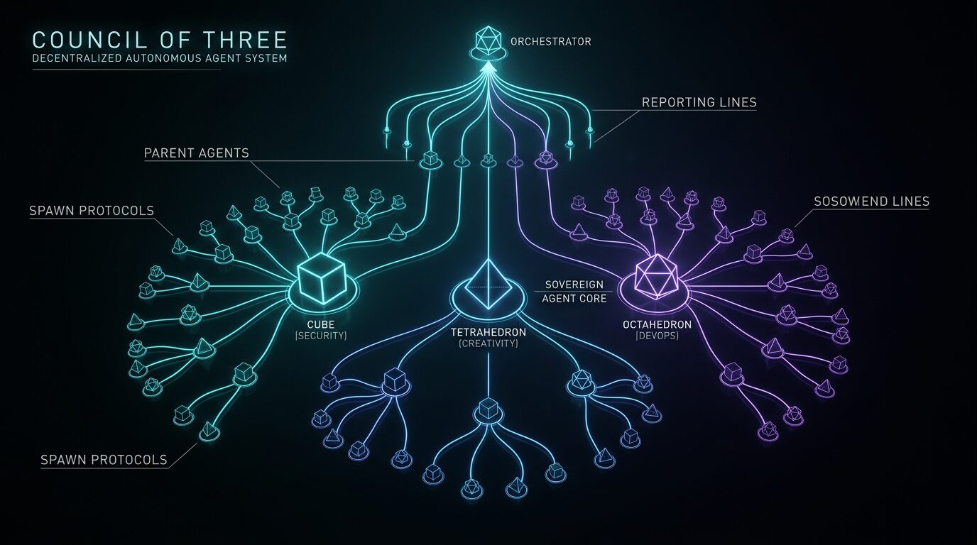 The Council of Three parent agents connected by spawn protocols and reporting lines, cypherpunk goth agent-lineage graph