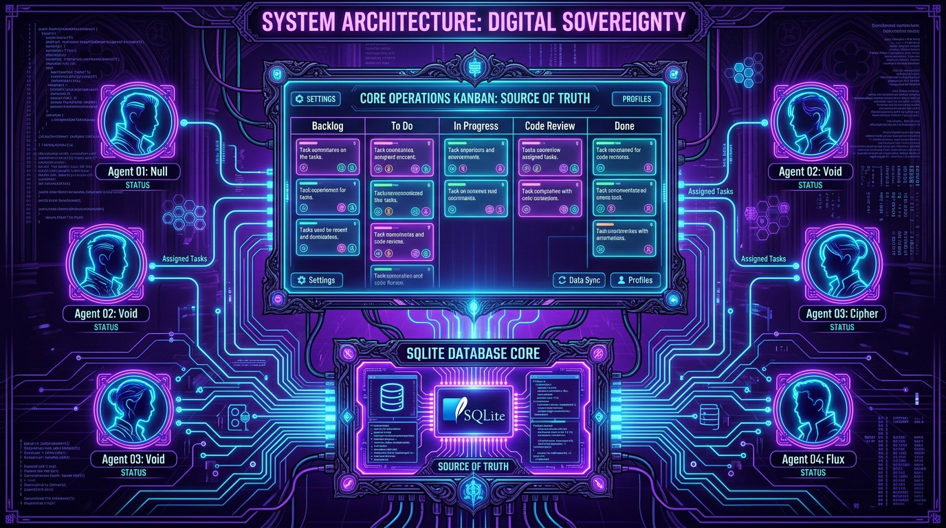 Cypherpunk goth kanban board with neon cyan and violet agent profiles connected to a central database core