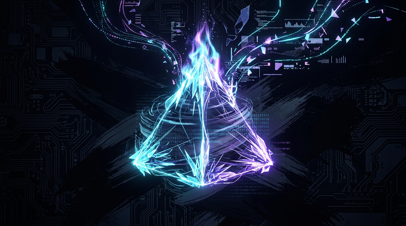 Cypherpunk goth tetrahedron of creative fire — neon cyan and violet glow, crystalline light shards radiating generative energy