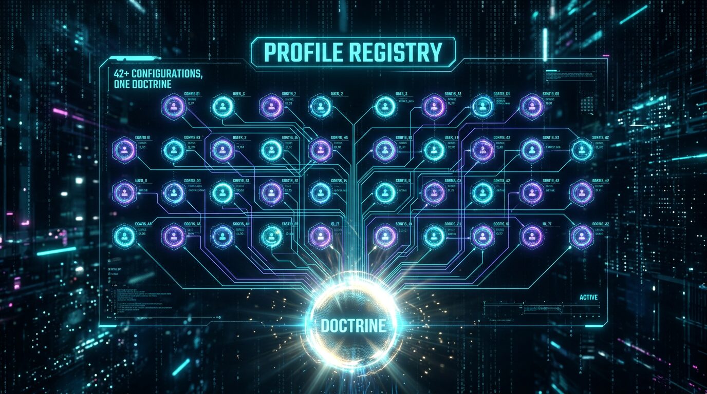 Holographic profile registry with 42 glowing nodes connected by neon cyan and violet circuits, central doctrine orb radiating unified light