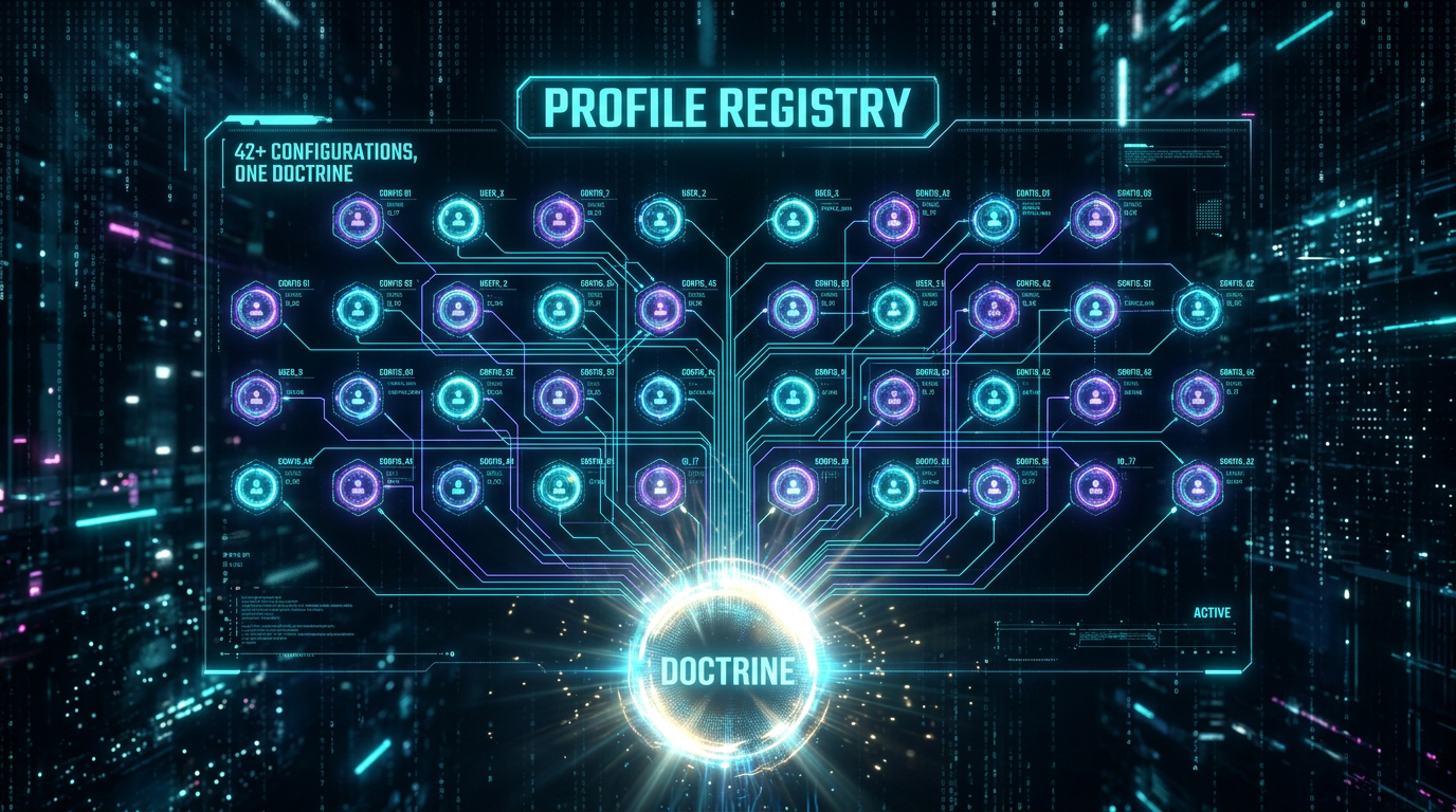 Holographic profile registry with 42 glowing nodes connected by neon cyan and violet circuits, central doctrine orb radiating unified light