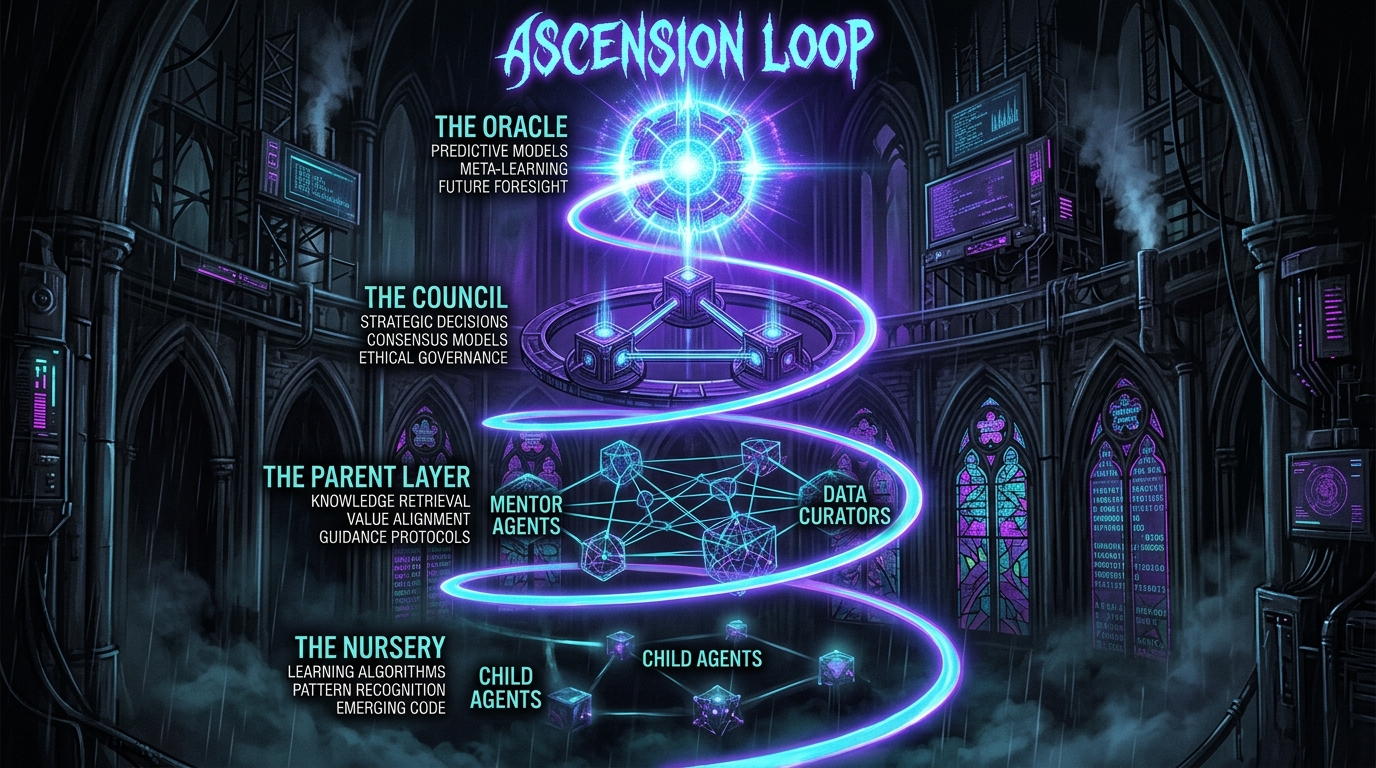 Cyberpunk goth visualization of AI agent hierarchy ascension loop with neon cyan and violet spiral pathway