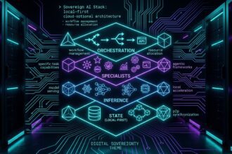 The Sovereign AI Stack architecture diagram with neon cyan and violet circuit traces