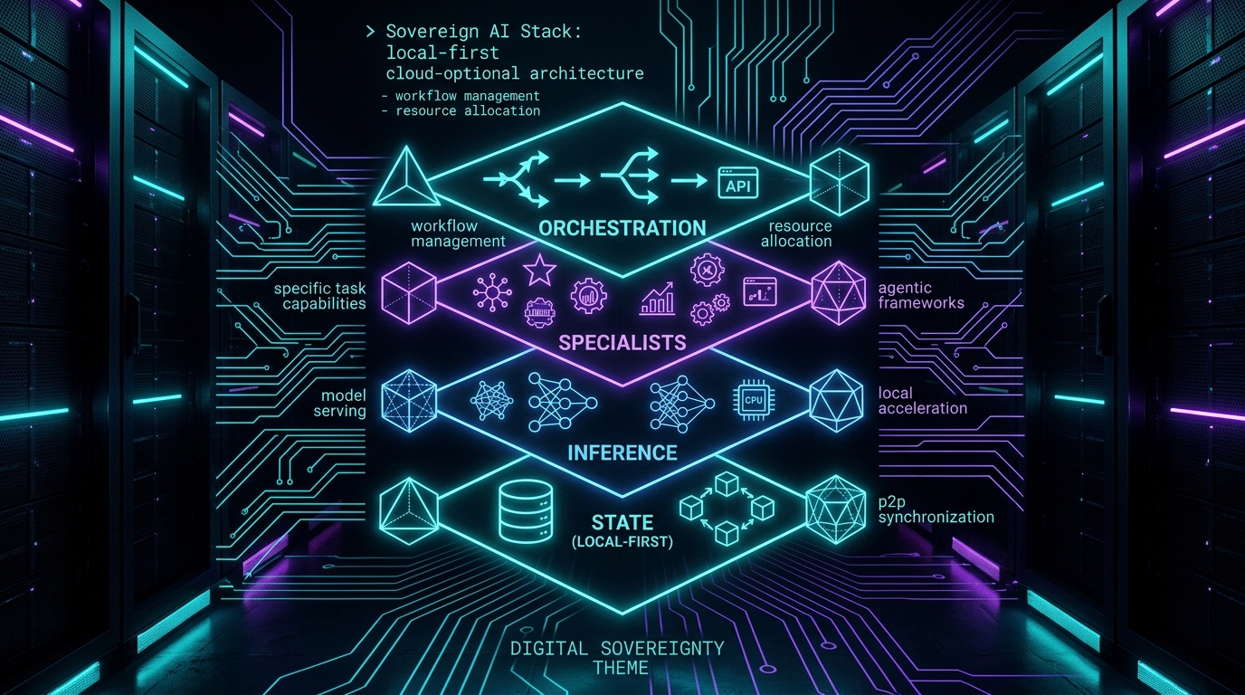 The Sovereign AI Stack architecture diagram with neon cyan and violet circuit traces