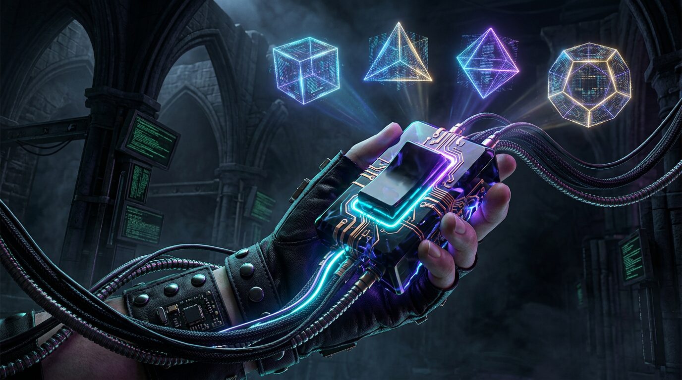 Cypherpunk goth rent-to-own concept with glowing power switch and Platonic solids