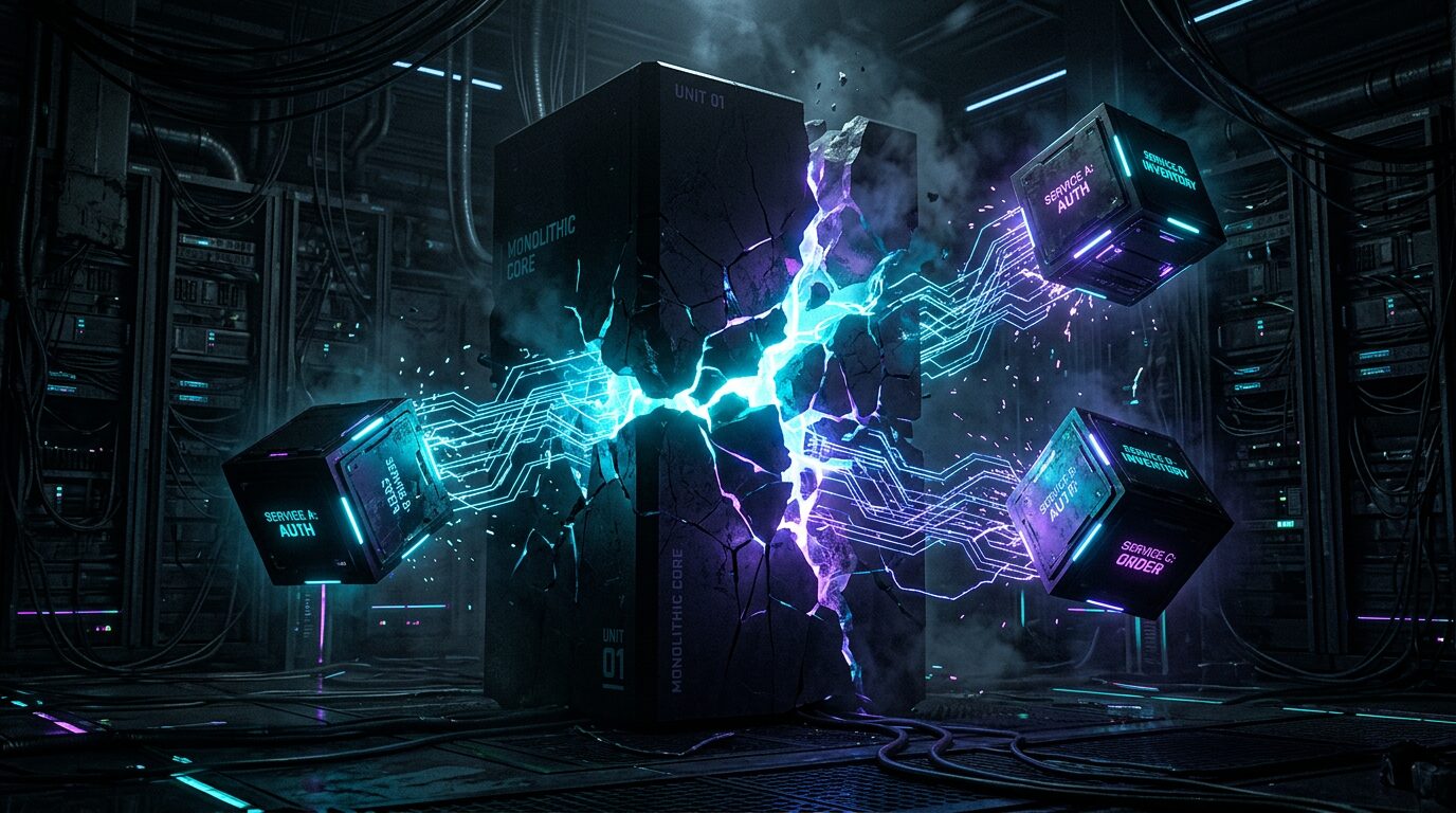 From monolith to microservices: dark cyberpunk server room splitting into three independent cubes connected by glowing circuit traces, neon cyan and violet highlights