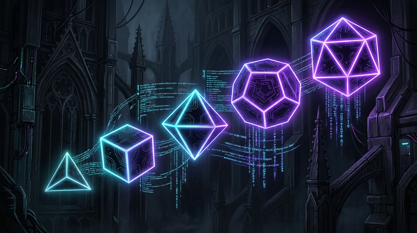 Five glowing Platonic solid geometric shapes representing tiered pricing architecture