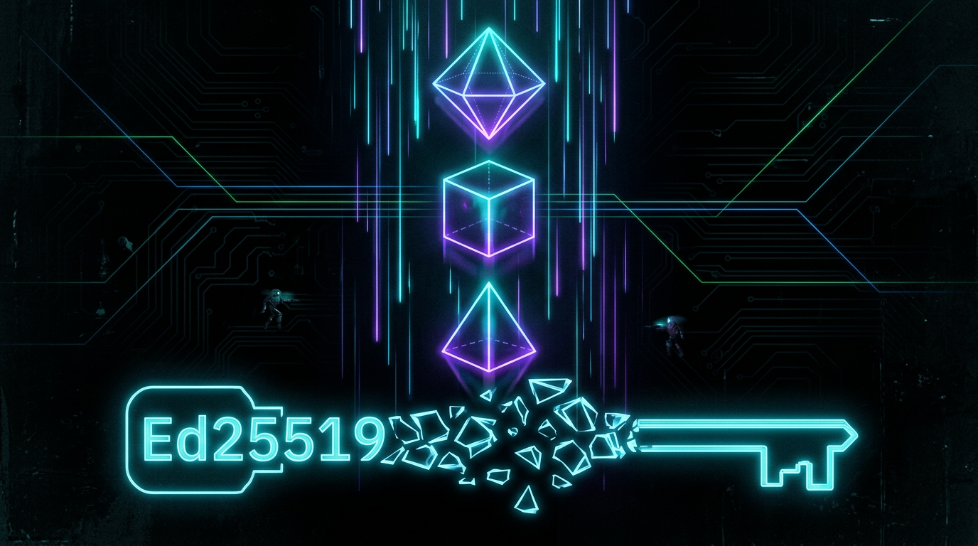 Cypherpunk goth cryptographic key rotation with neon cyan and violet geometric solids