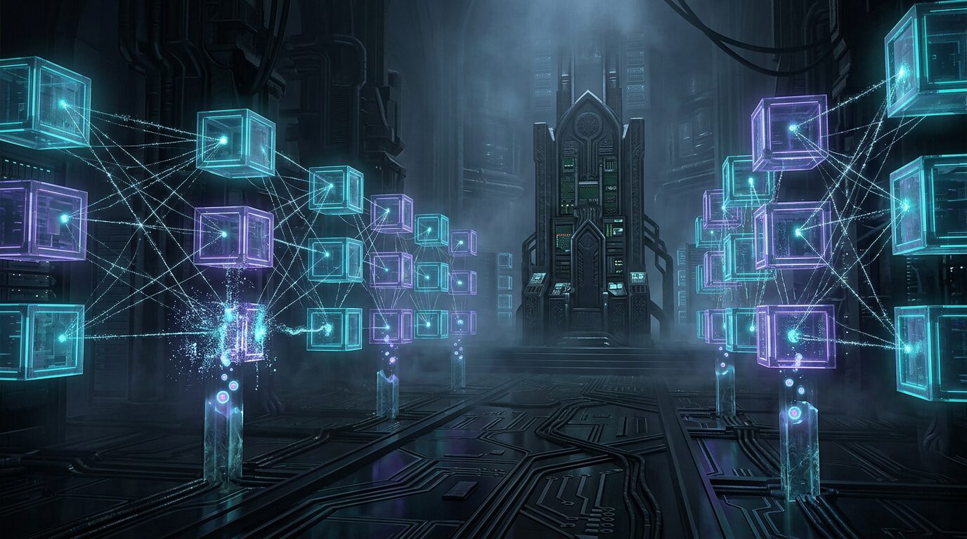 Cypherpunk goth illustration of Docker swarm containers with persistent volumes and overlay networks