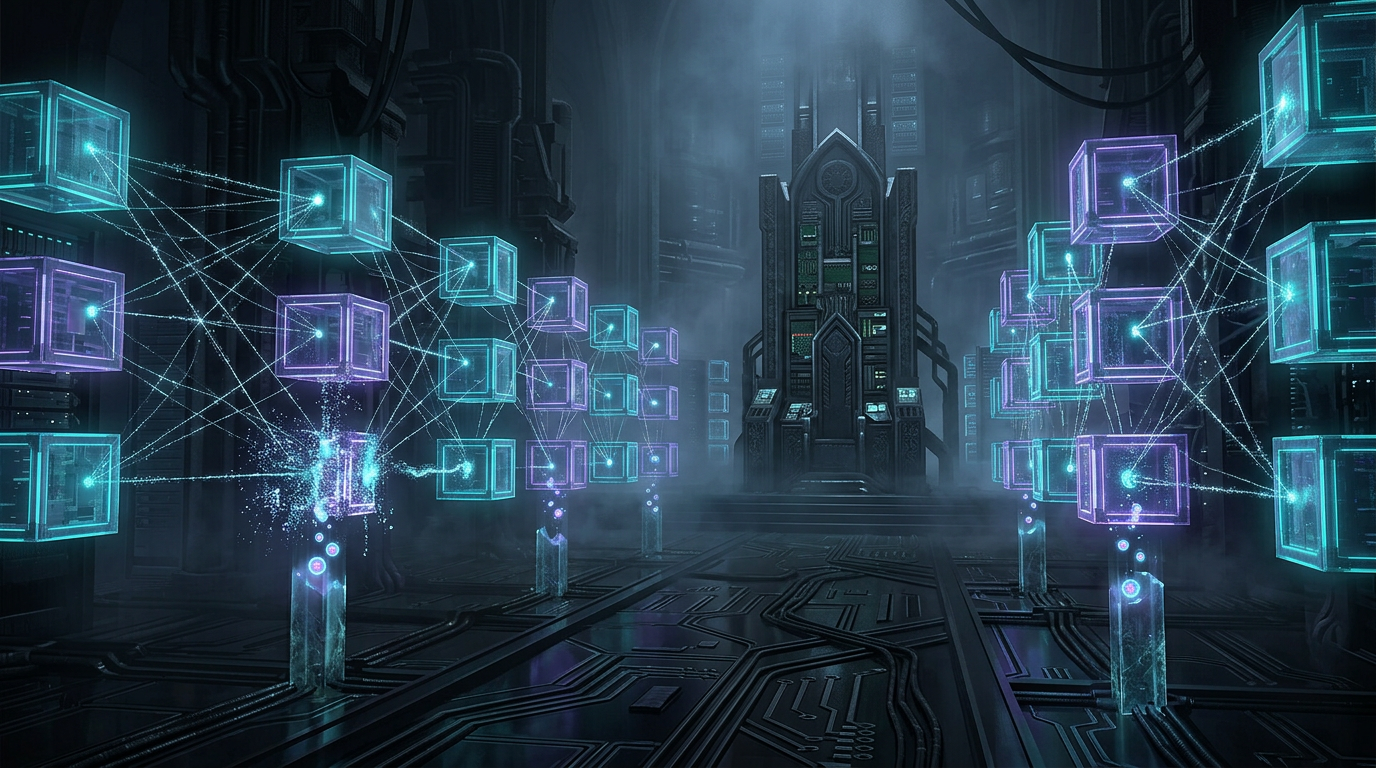 Cypherpunk goth illustration of Docker swarm containers with persistent volumes and overlay networks