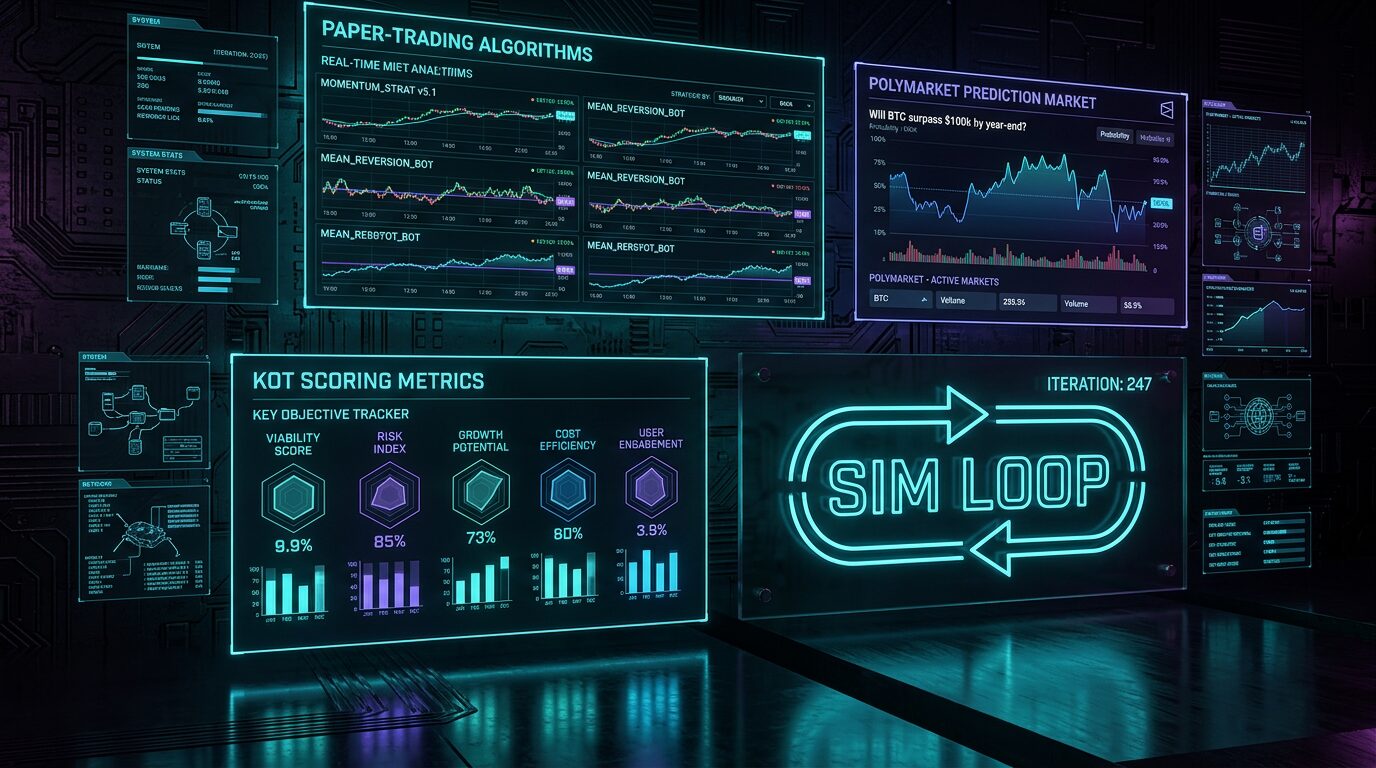 Simulation loop dashboard with paper-trading algorithms and KOT scoring metrics in cypherpunk goth style