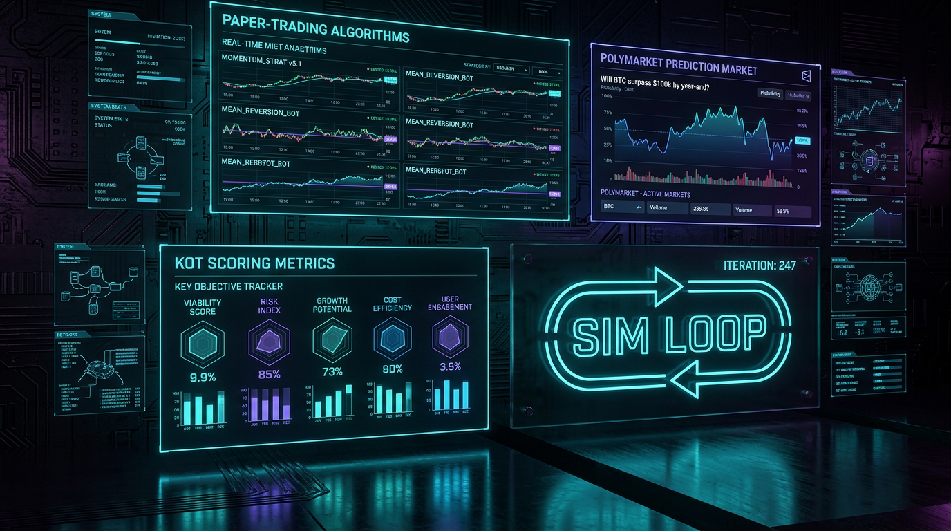 Simulation loop dashboard with paper-trading algorithms and KOT scoring metrics in cypherpunk goth style