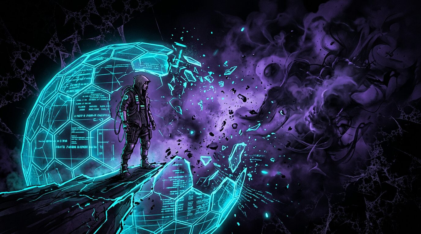 Cypherpunk goth visualization of simulation breaking open to reveal reality