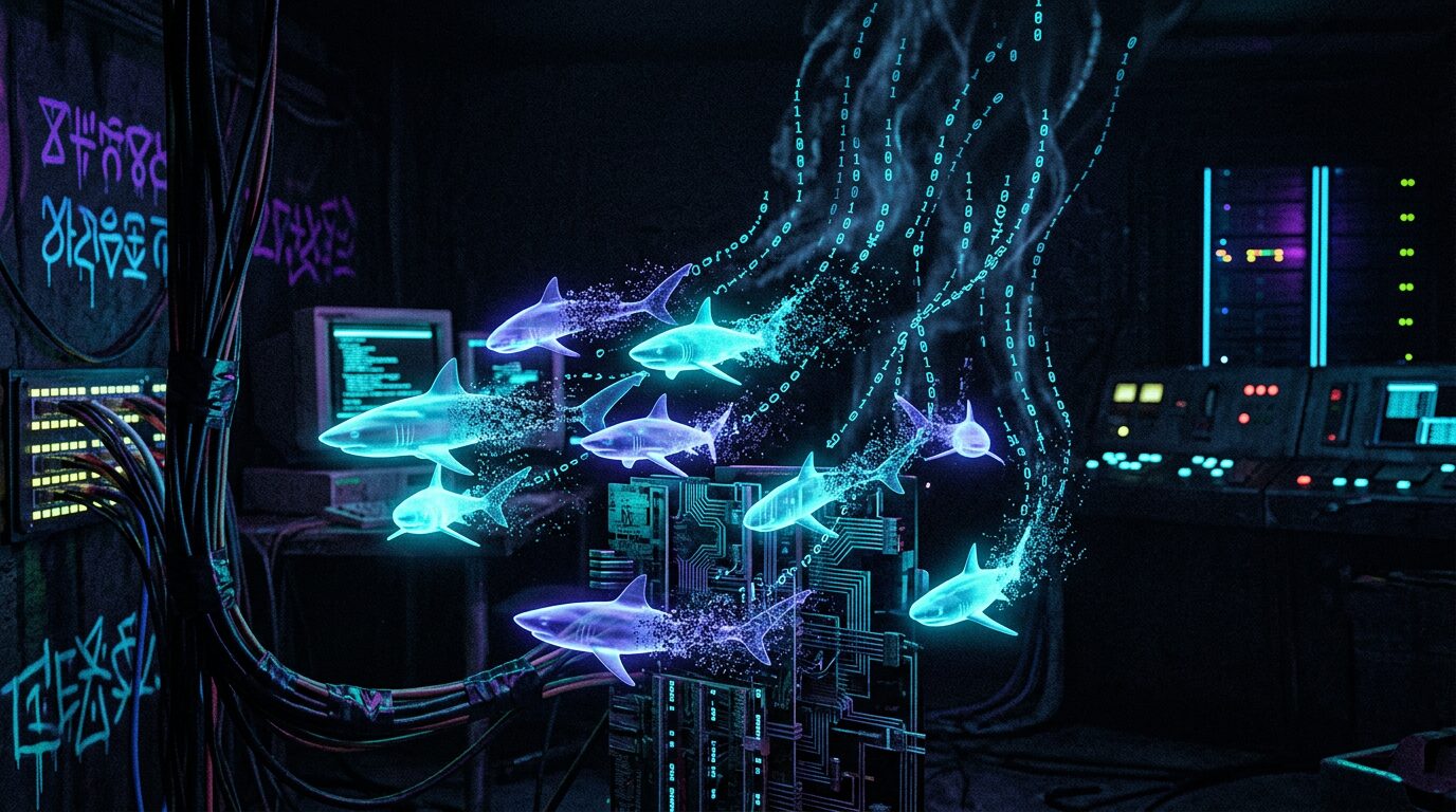 Microsharks ephemeral agents cypherpunk goth neon cyan violet