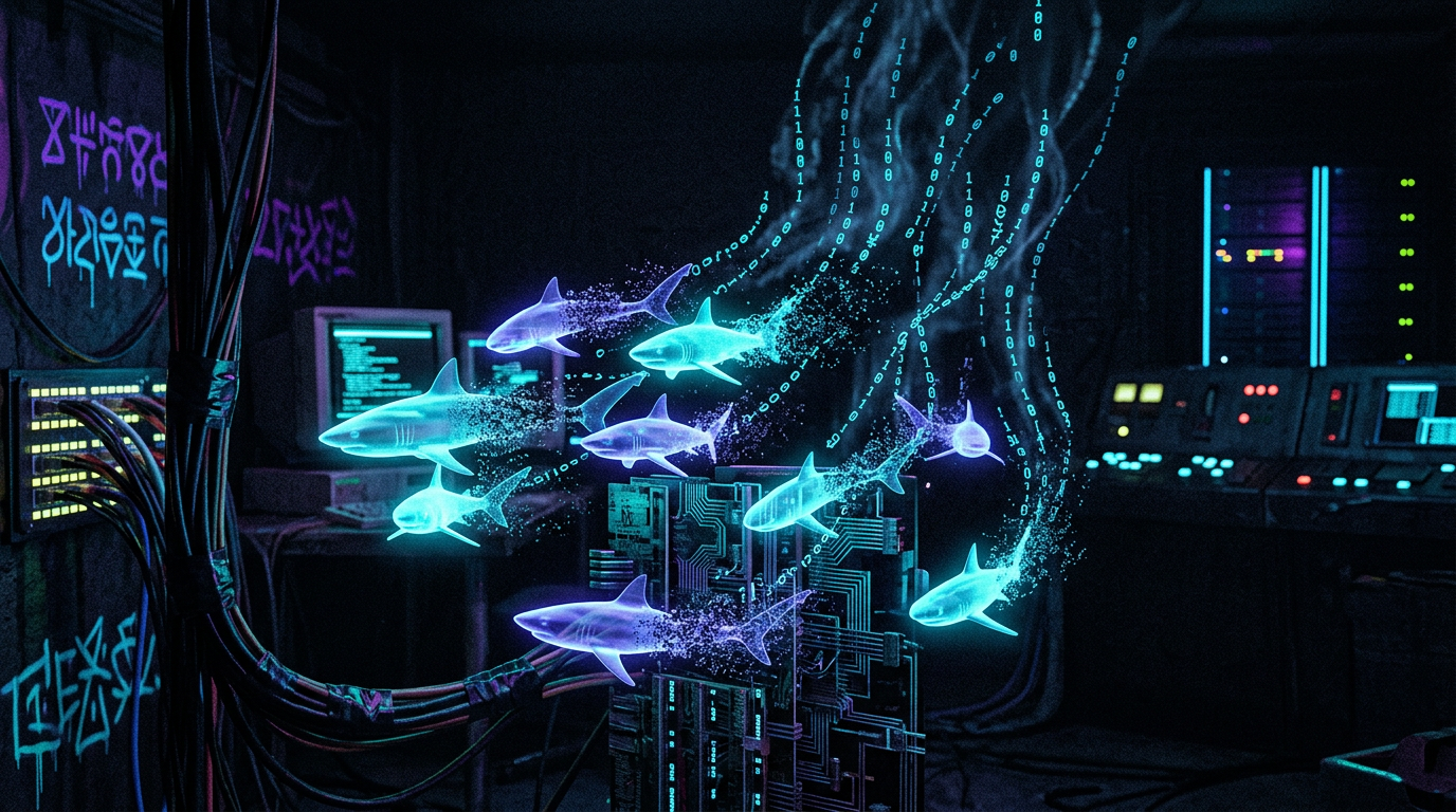Microsharks ephemeral agents cypherpunk goth neon cyan violet