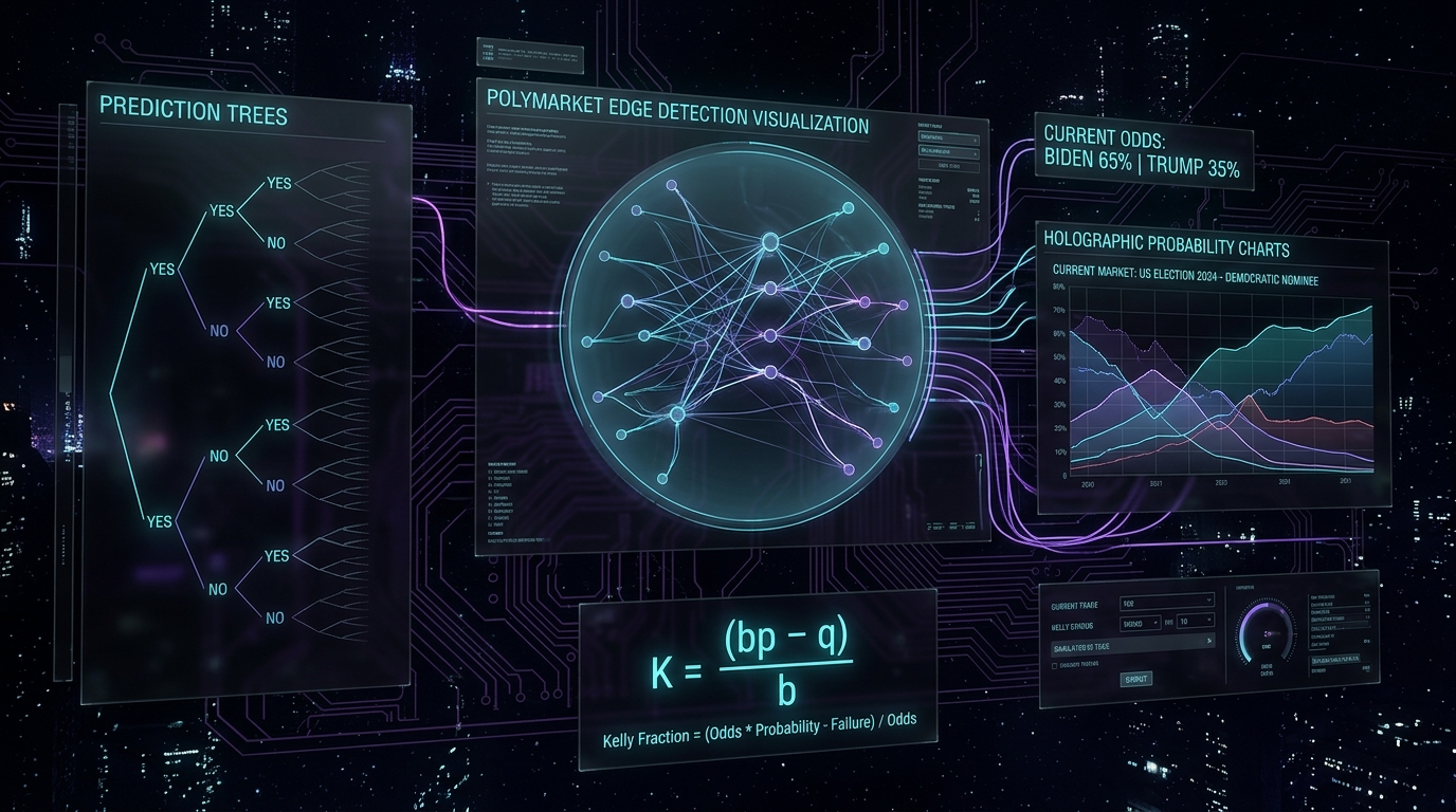 Cyberpunk goth prediction market simulation dashboard with neon cyan and violet data visualizations