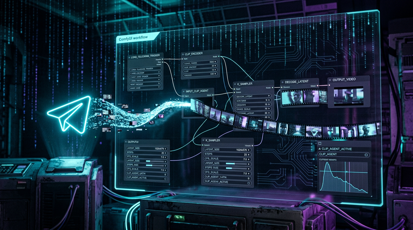 The clipping agent: Telegram-triggered video for Lucid Studio — cypherpunk goth aesthetic, dark background with neon cyan and violet glow