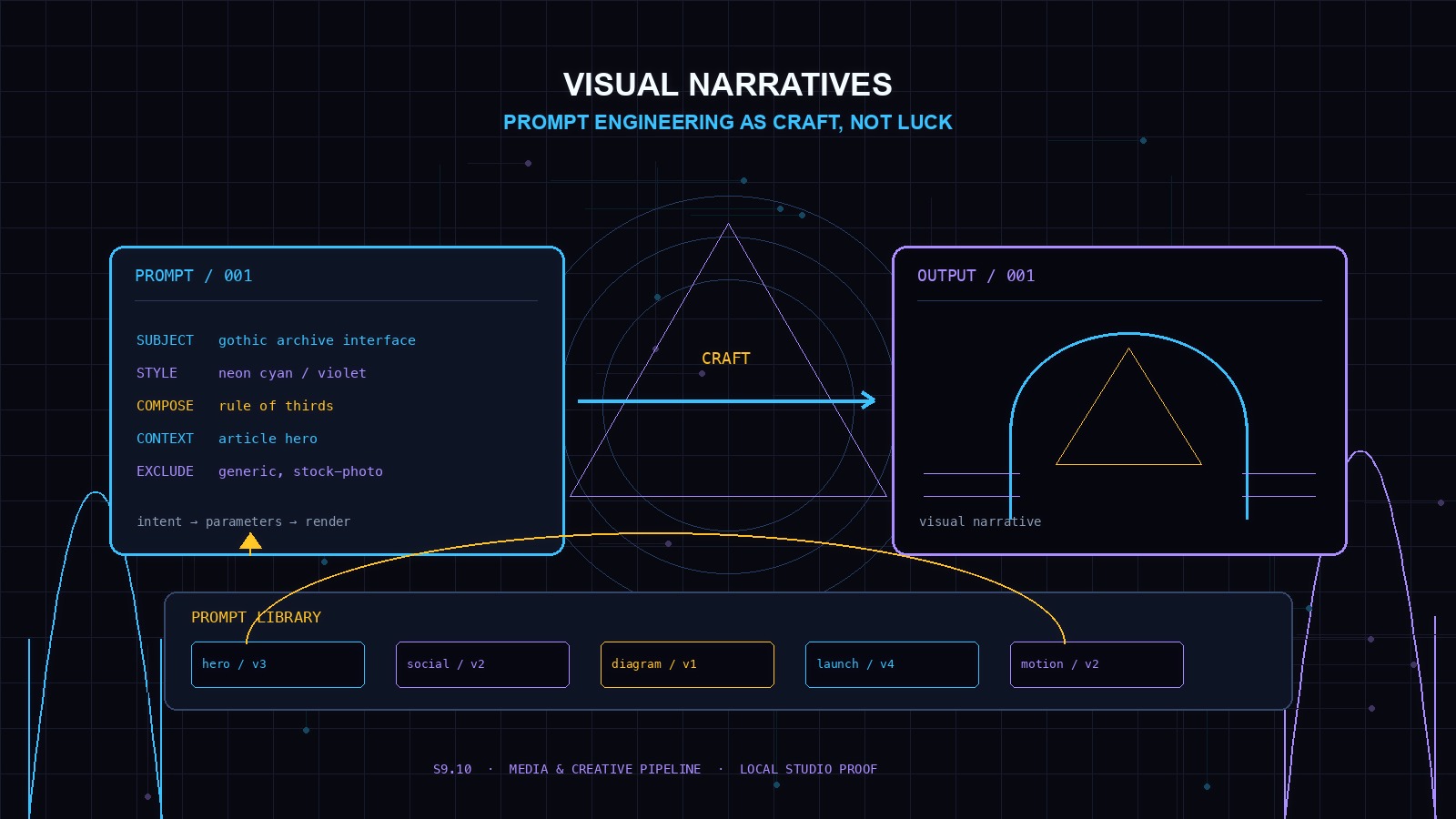 Visual Narratives: Prompt Engineering as Craft, Not Luck — a cypherpunk-goth HUD showing a structured prompt becoming a visual output, with a prompt library feeding the next render.