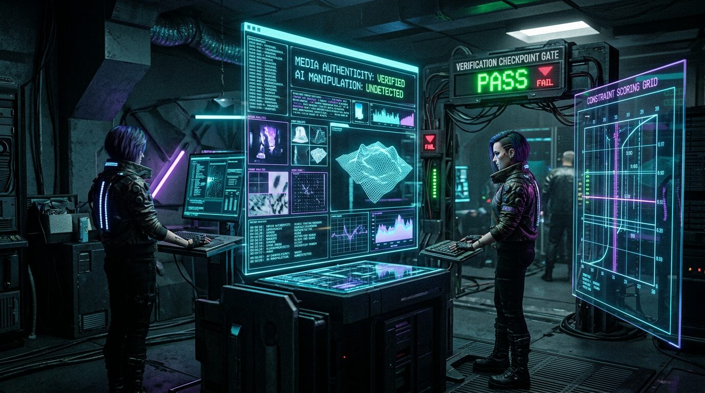 Media verification pipeline with holographic analysis dashboards, constraint scoring grids in neon cyan and violet