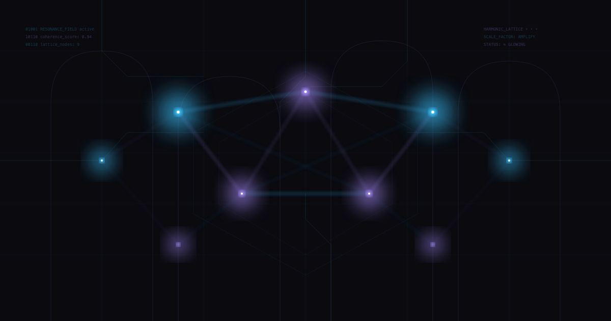 Two nodes multiplying into a harmonic lattice, each still glowing