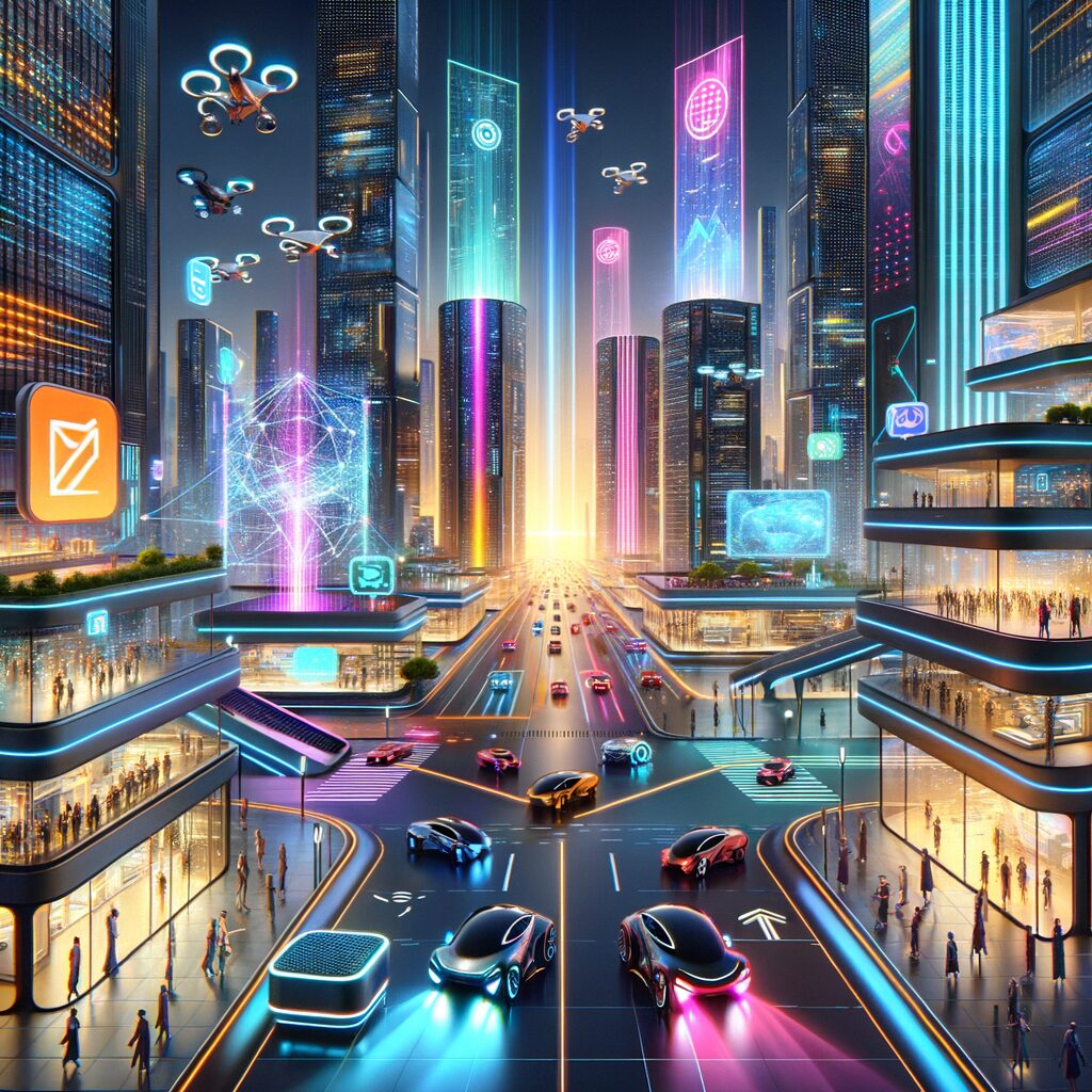 A futuristic digital landscape with AI integration.