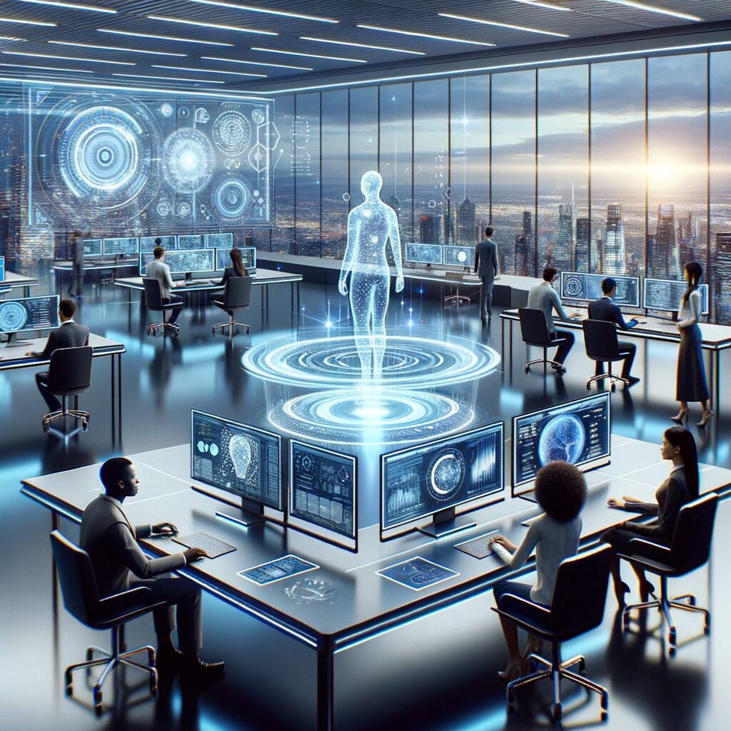 A futuristic workspace with AI collaboration.