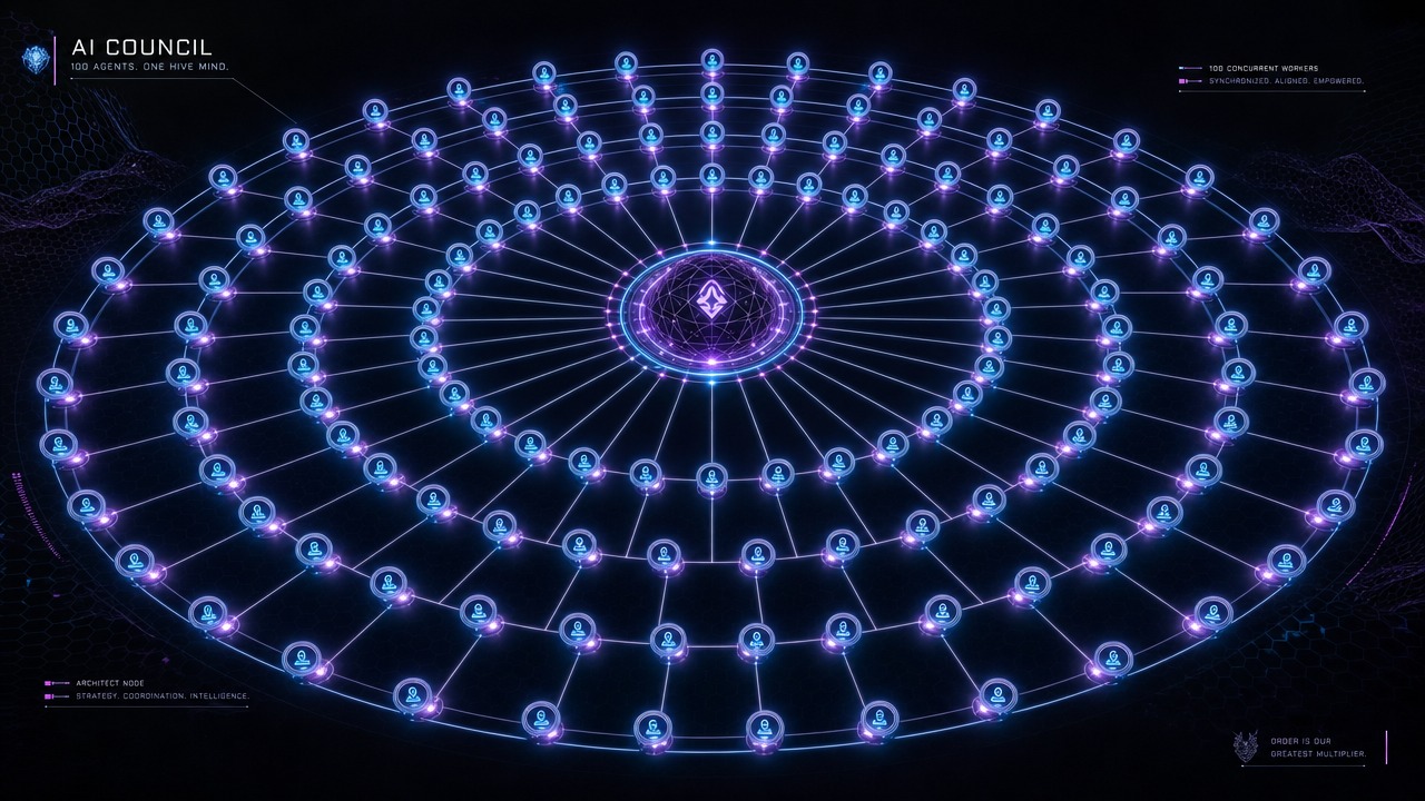 AI agent council orchestrating 100 concurrent workers around a central architect node