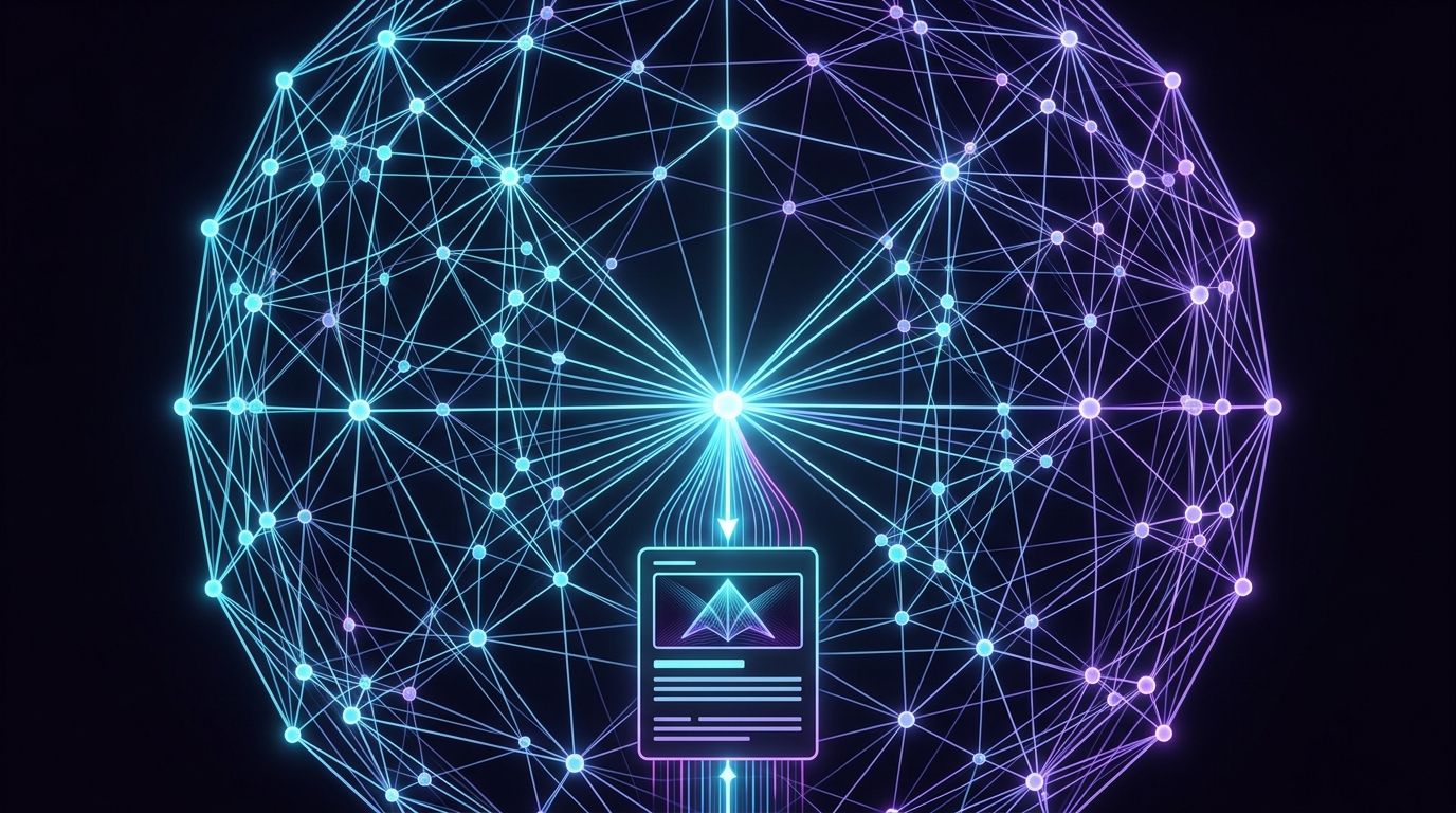 Luminous knowledge graph feeding published article cards, cypherpunk gothic style