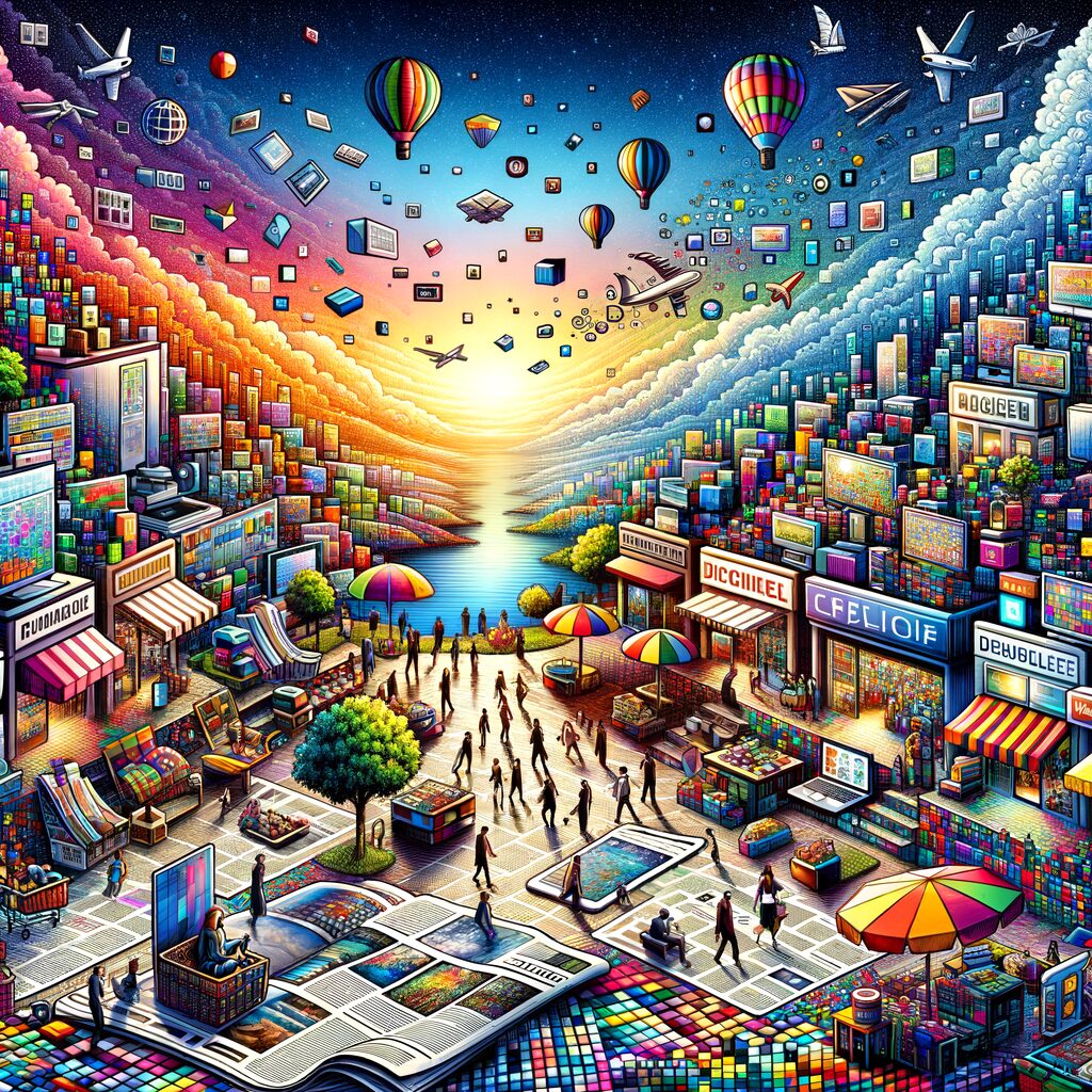 Digital landscape featuring publications, e-commerce, marketplaces.