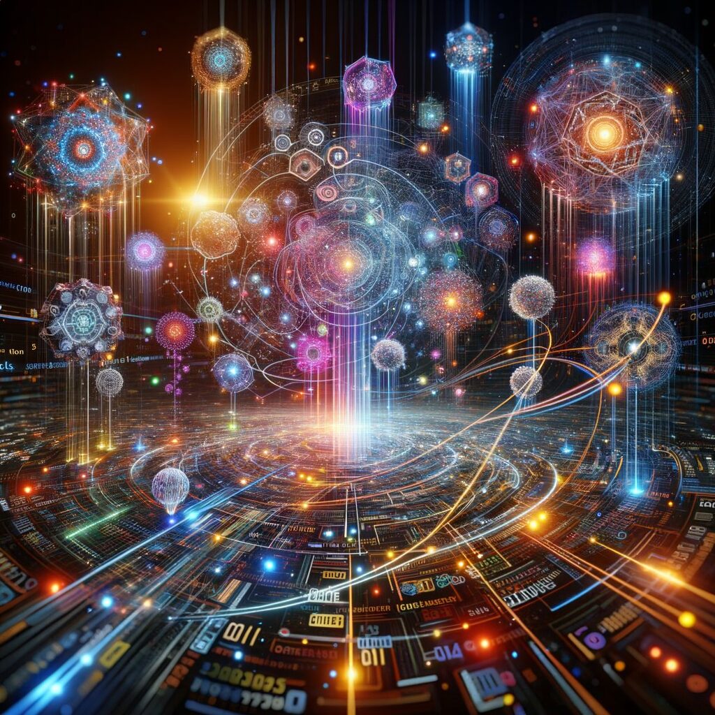 Futuristic AI agents collaborating in digital ecosystem.