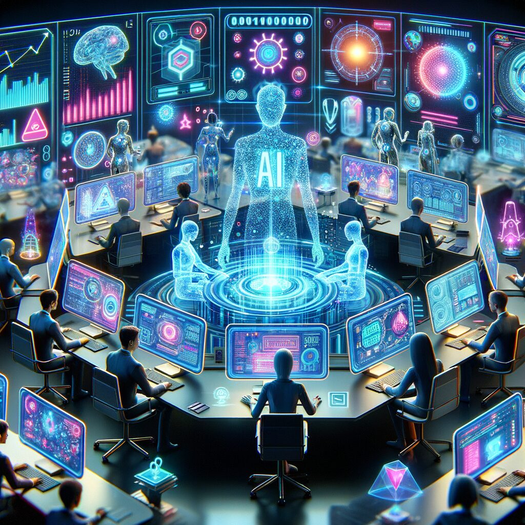 Futuristic AI agents collaborating in digital workspace.