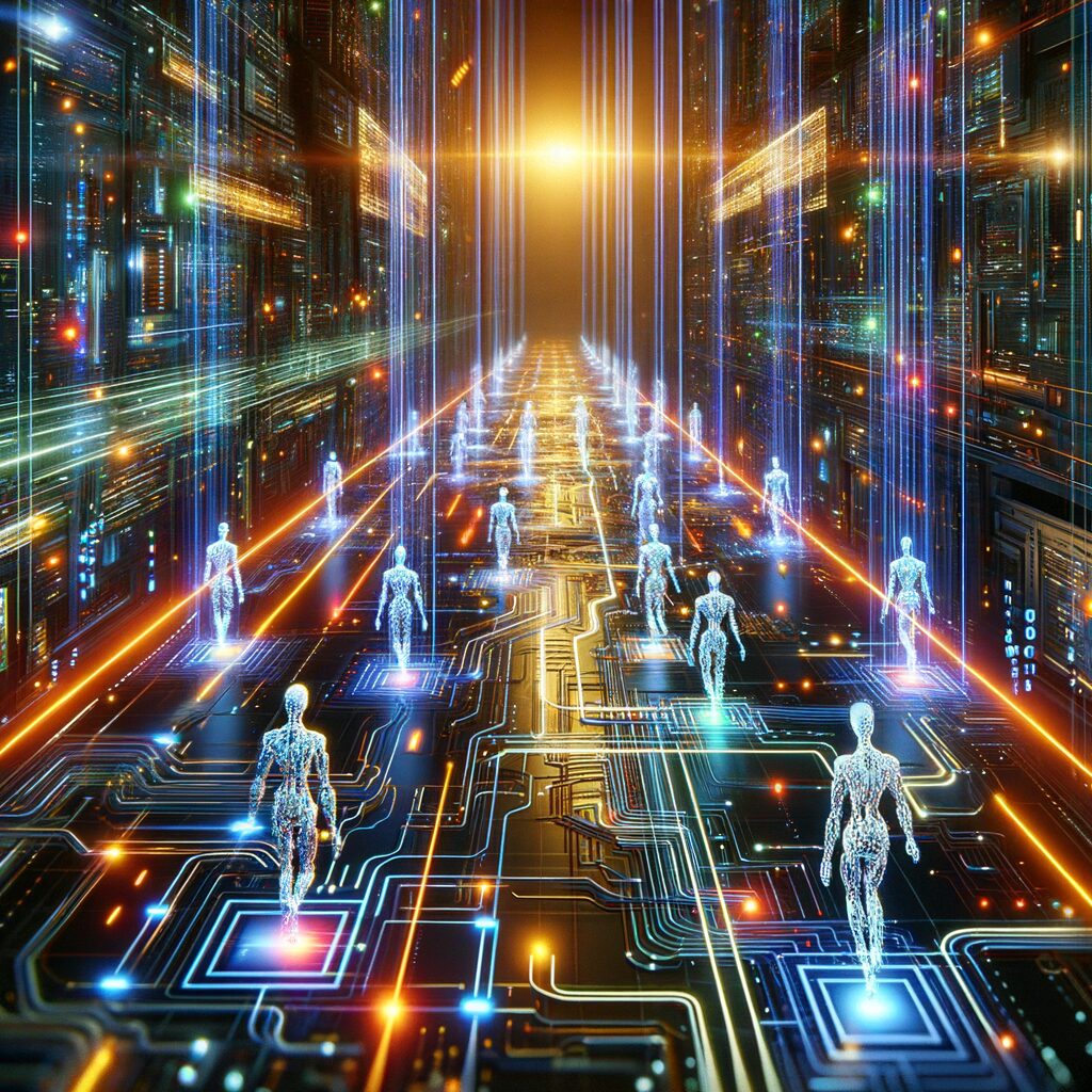 Futuristic AI agents collaborating within network.