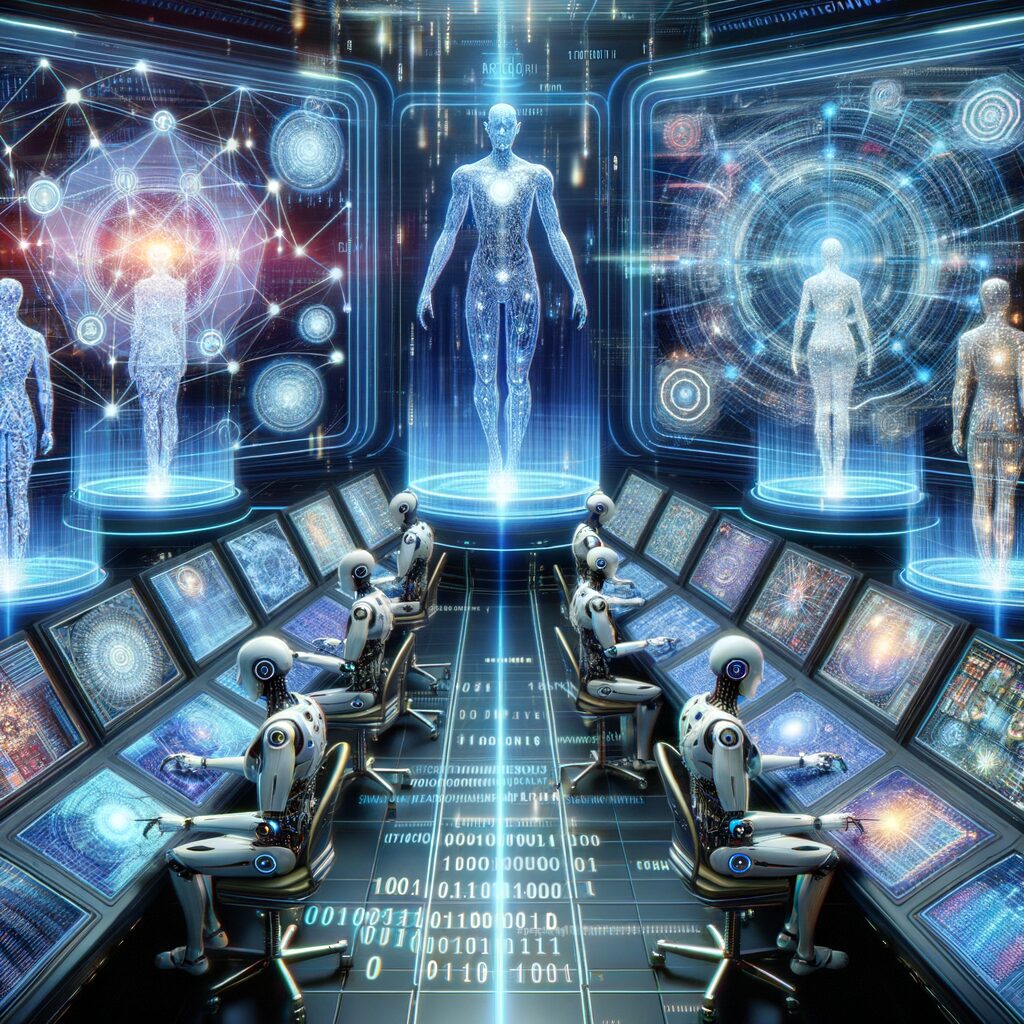 Futuristic AI agents managing digital ecosystems.