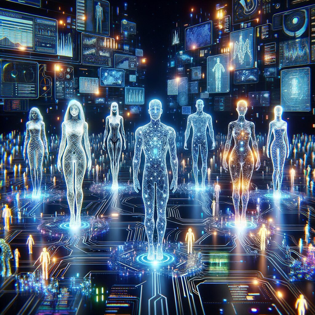 Futuristic AI agents managing digital networks.