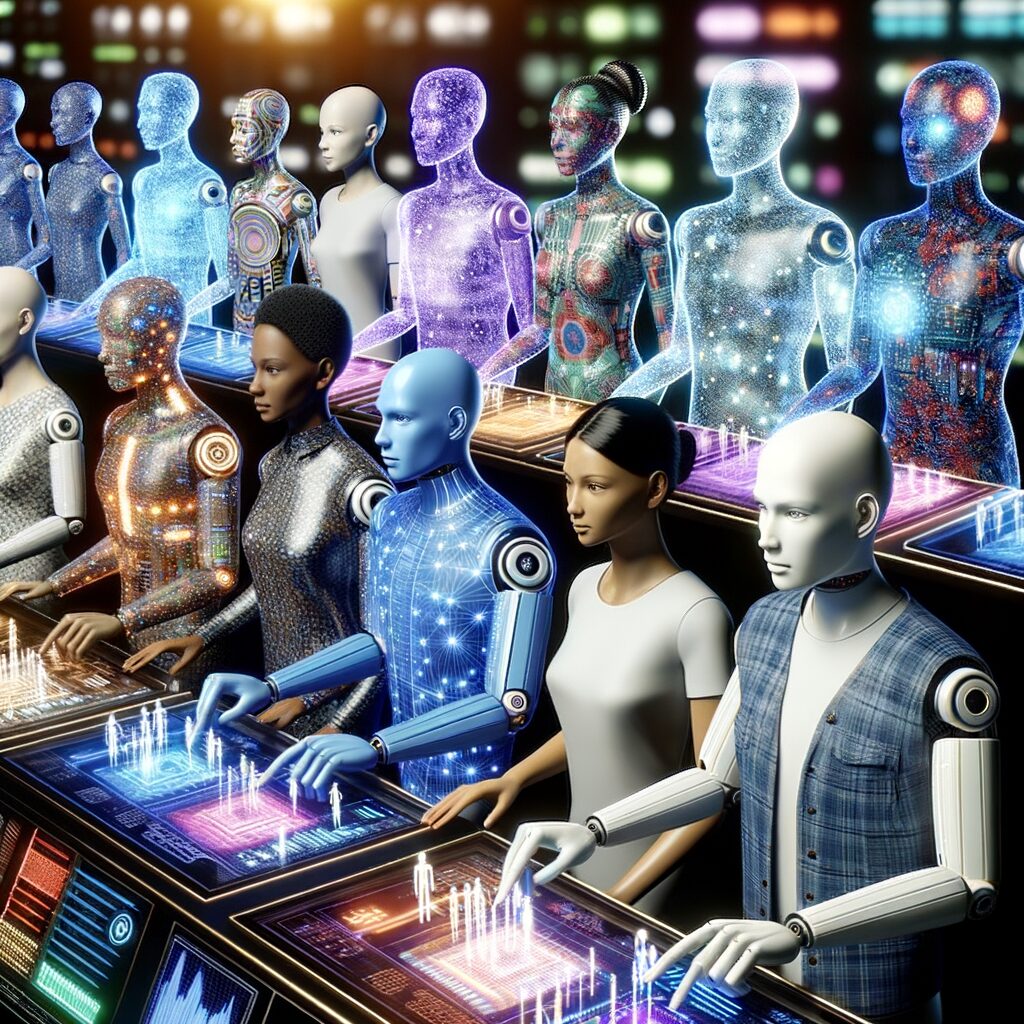Futuristic AI agents navigating digital dashboards.