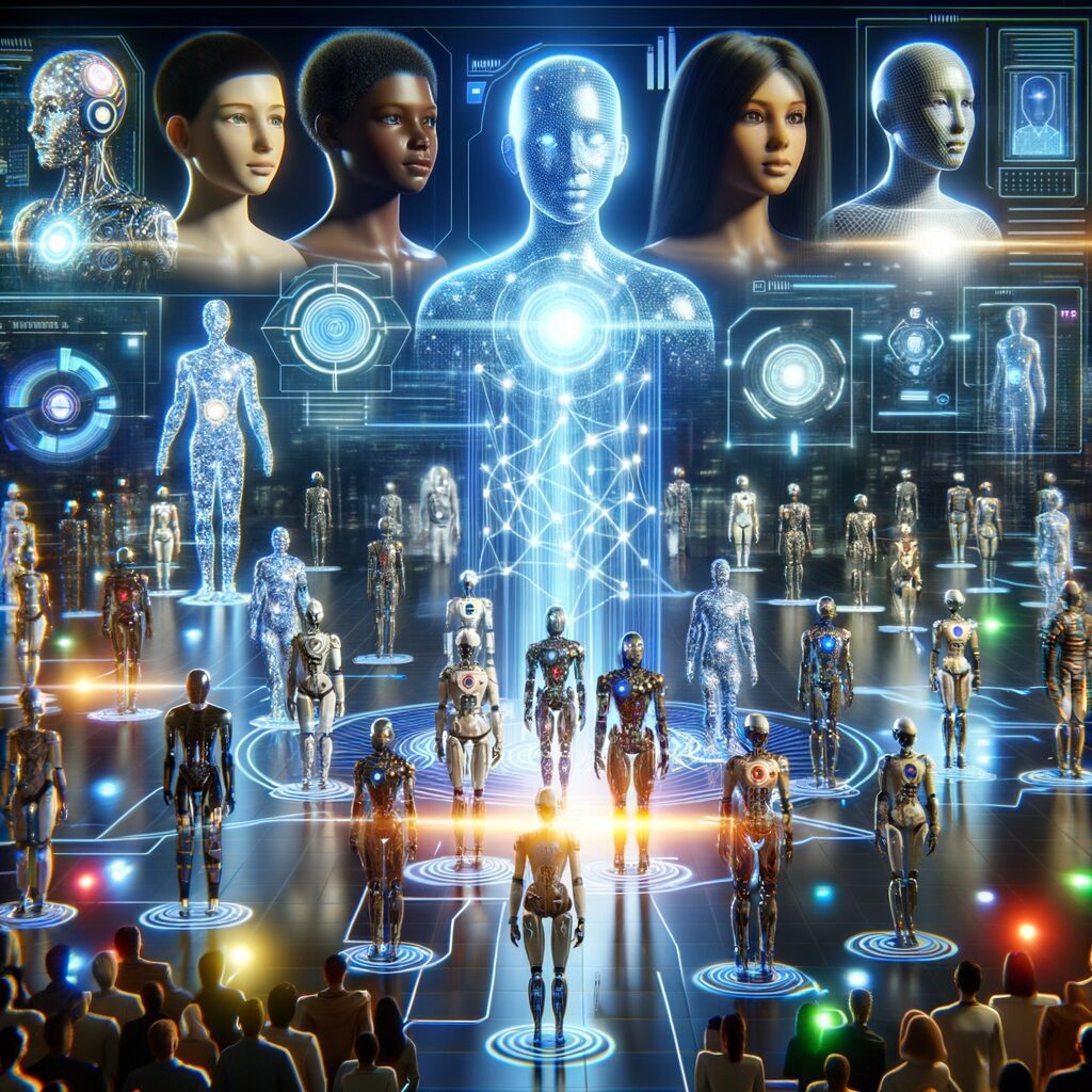 Futuristic AI agents optimize interconnected digital ecosystem.