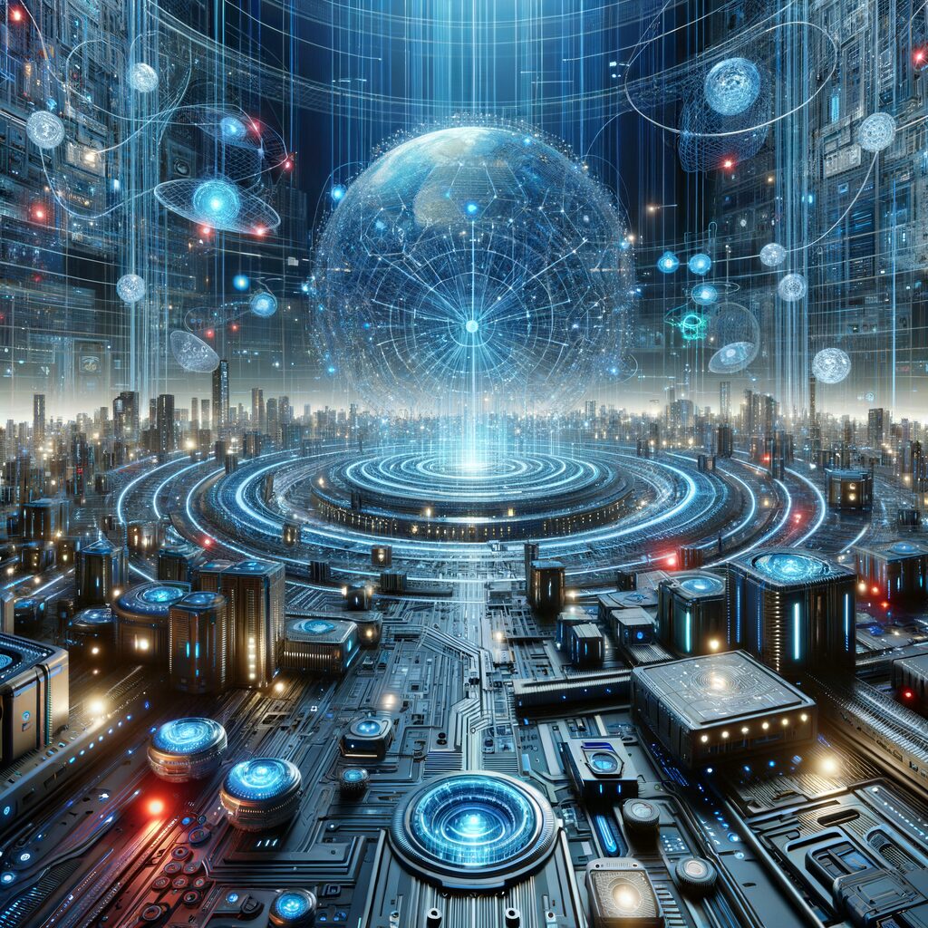 Futuristic AI-driven digital ecosystem visualization.